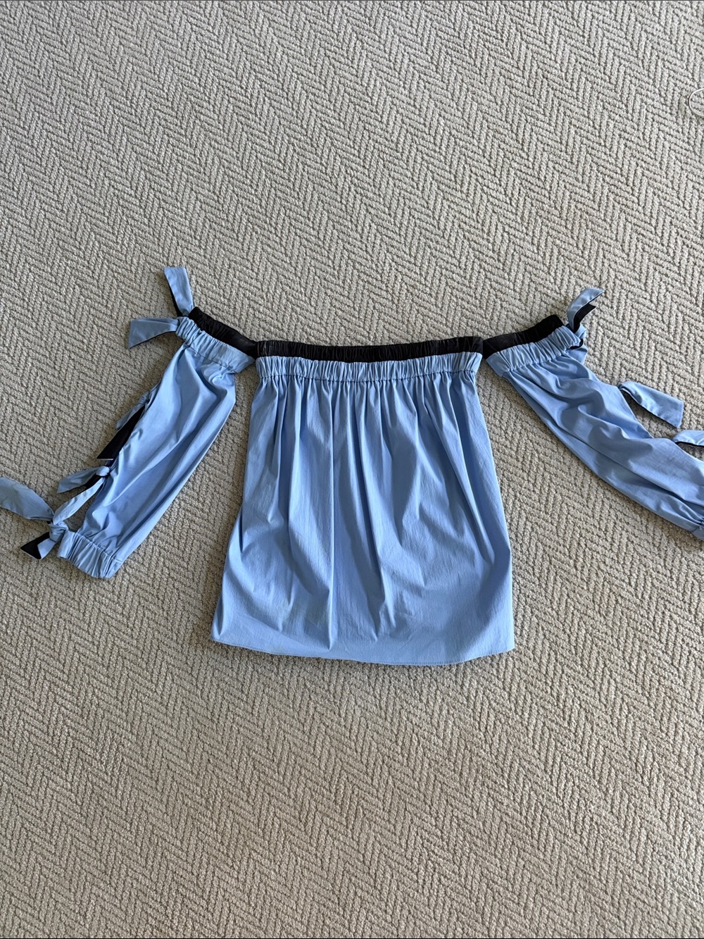 Milly Light Blue Off-Shoulder Top with Black Trim and Tie Sleeves